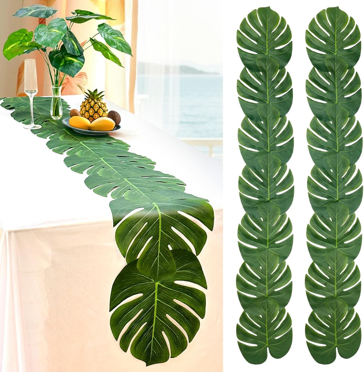 2Pcs Artificial Palm Leaves Green Table Runner, Summer Tropical Leaf Table Runners 72 inches Long for Wedding Moana Jungle Safari Tropical Hawaiian Luau Party Decorations